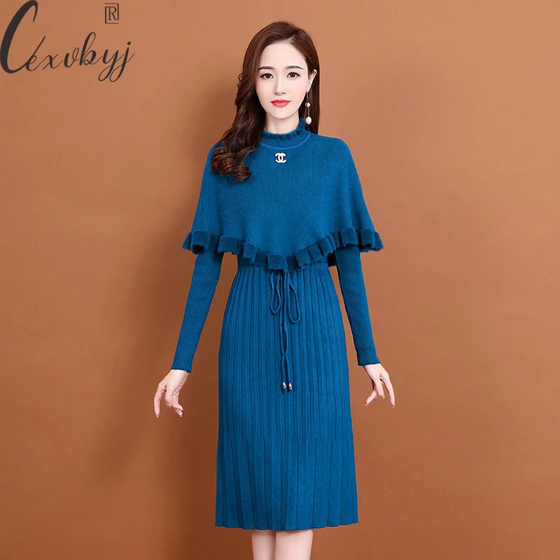 Knitted Dress 2 Peice Set Women Solid Color Half High Collar Ruffles Cloak+V-Neck Sweater Dress Outfits Fall Winter Korean Suit