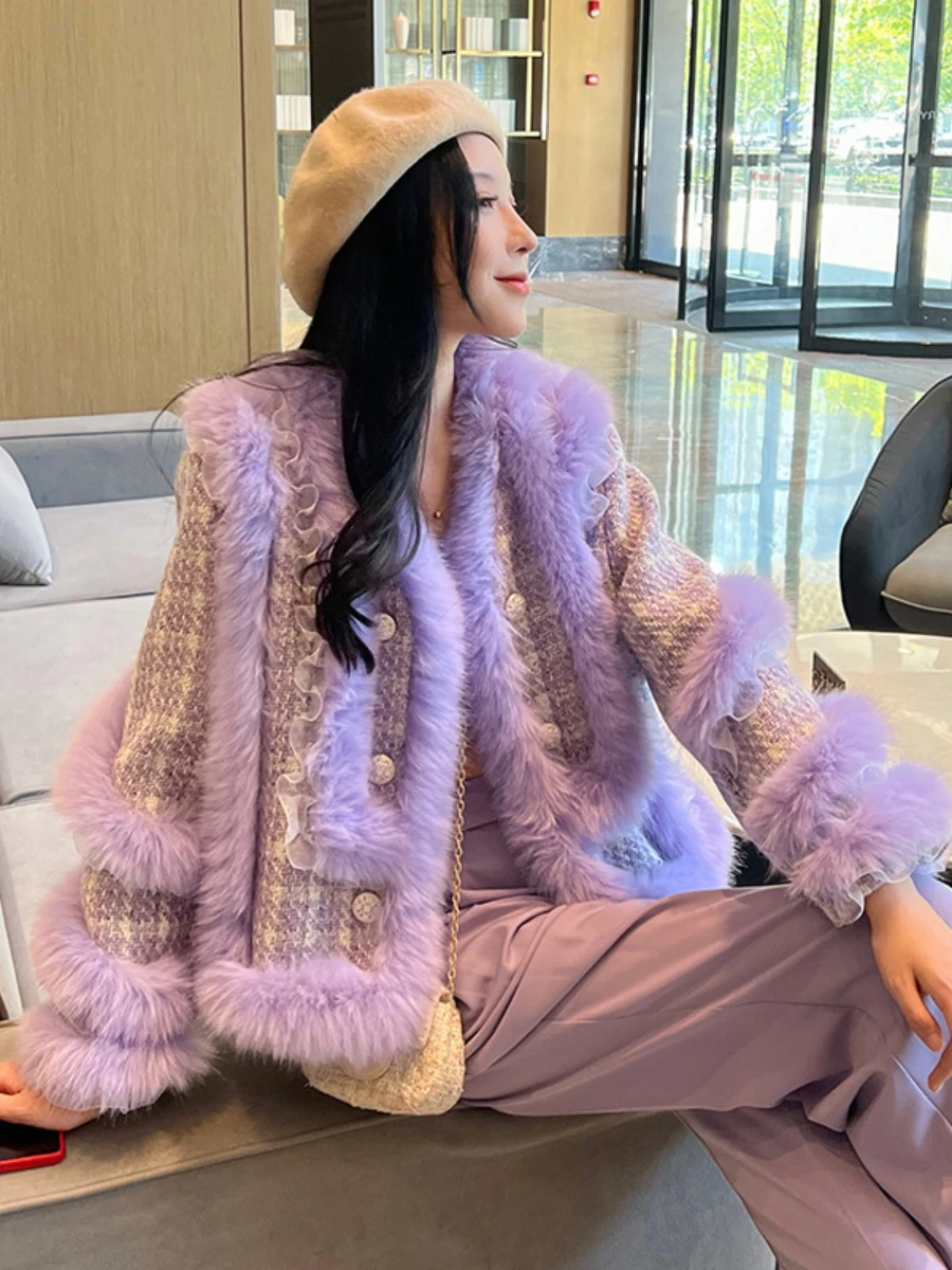 2022 Winter New Luxury Fox Fur Stitching Purple Fur Coat Women Socialite V-neck Long Sleeve Double Breasted Woolen Jacket Casaco