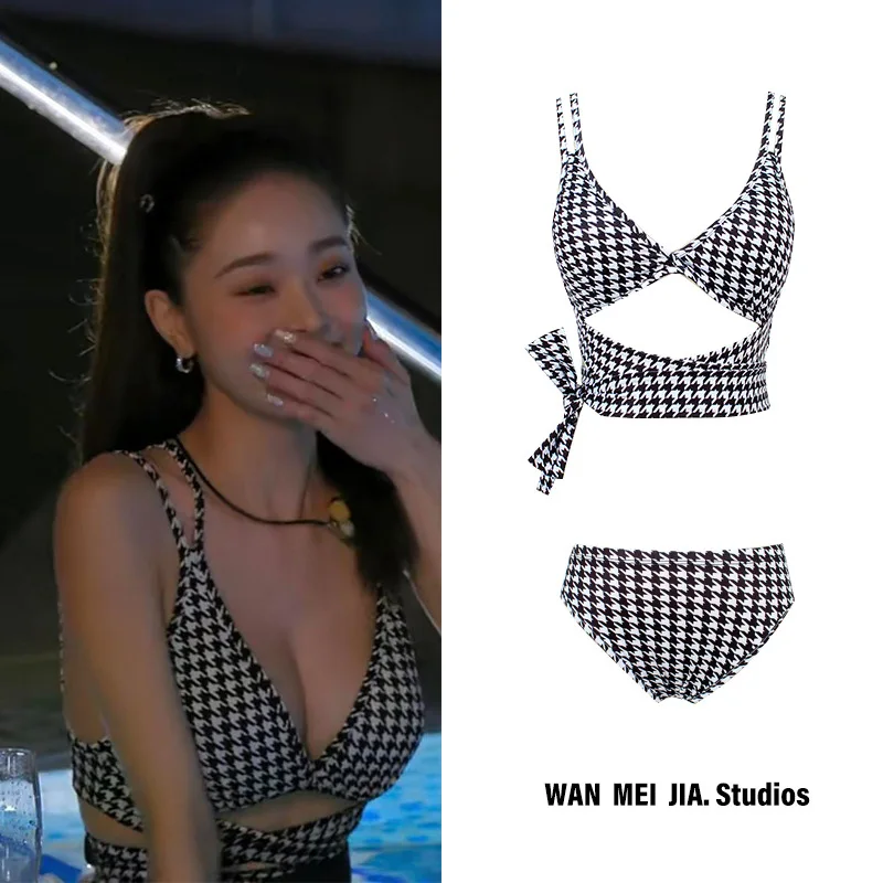 

Zia Same Sexy Style Vintage Black White Houndstooth Print Push Up Bikini Set Checker Swimsuit Wrap Bandage Swimwear Bath Suit