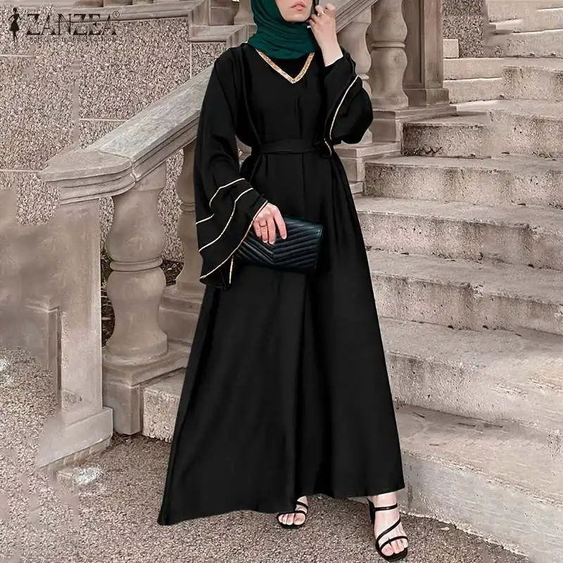 Женское мусульманское платье ZANZEA, винтажное платье макси с v-образным вырезом и расклешенными рукавами, Дубай, Турция