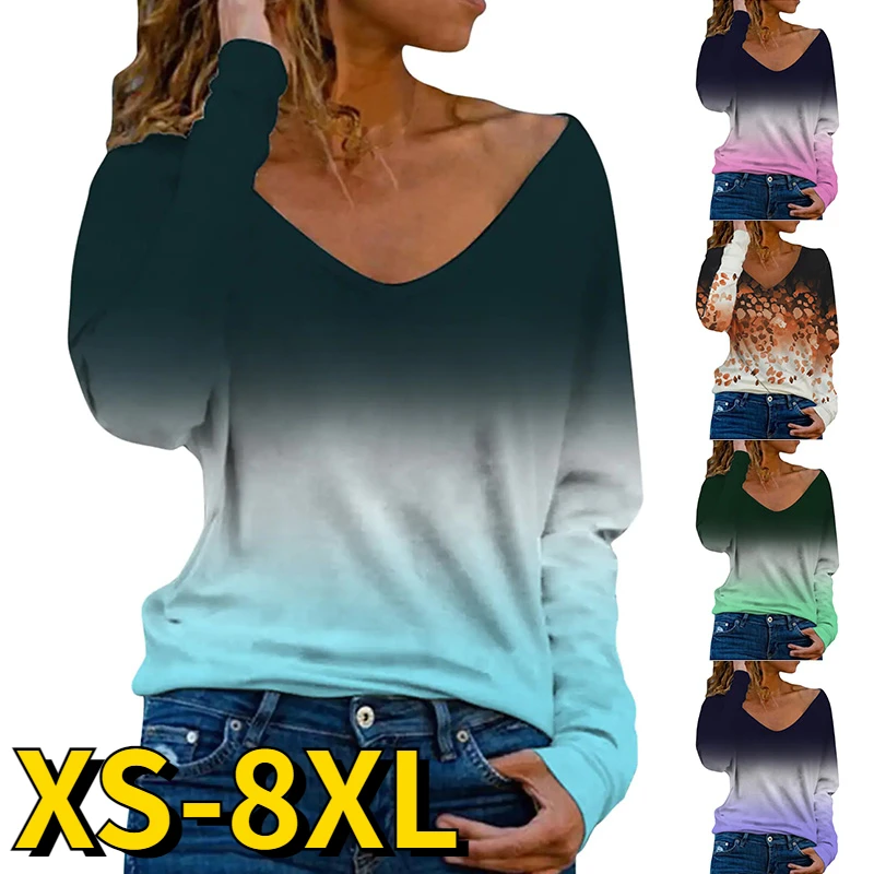 

Autumn Women Elegant Long Sleeve Gradient Print Tops Everyday Street Trend T-shirt Winter V-Neck Vintage Pullover Ladies Tee