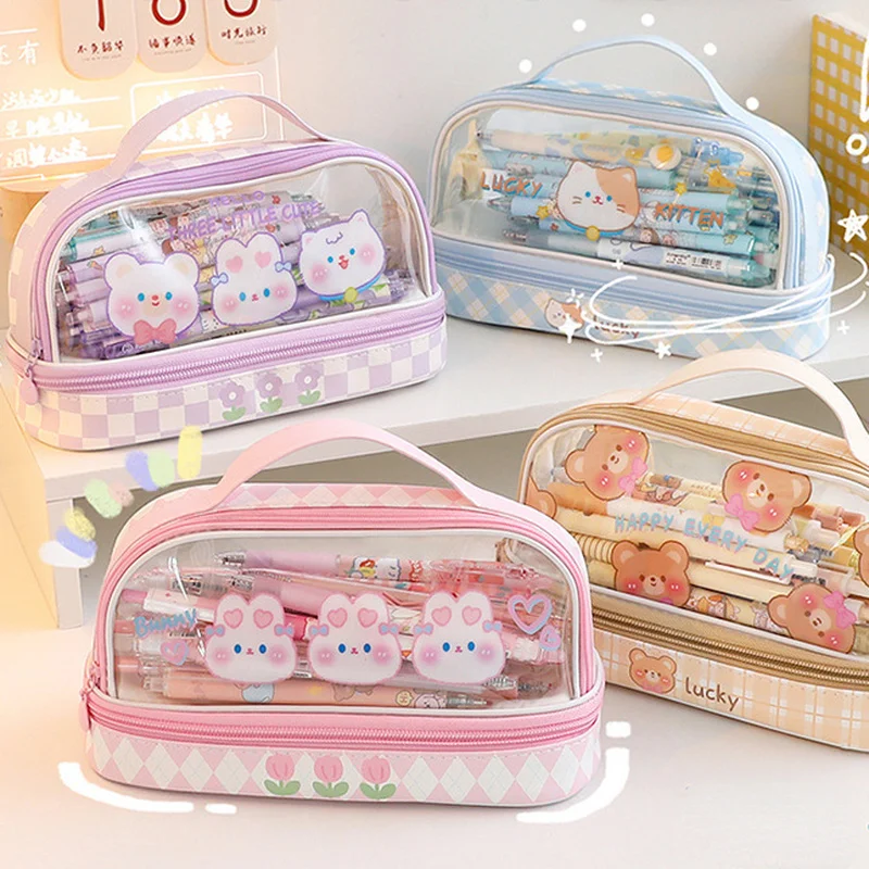 Double-layer Pencil Bag with Handle Up and Down Layer Design Cartoon Bear Bunny Pencil Case Protable Stationery Cosmetic Bag