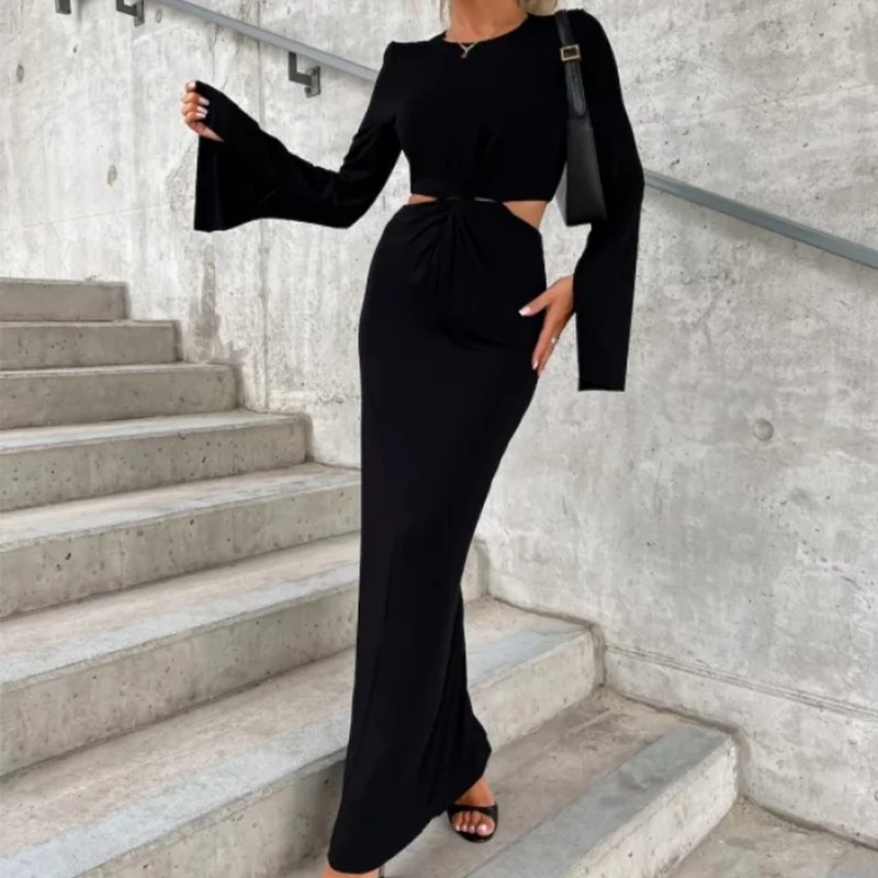 

Elegant O Neck Flare Long Sleeve Party Dress Female Solid Color Slim Evening Dress Fashion Autumn Hollow Out Hip Wrap Long Dress