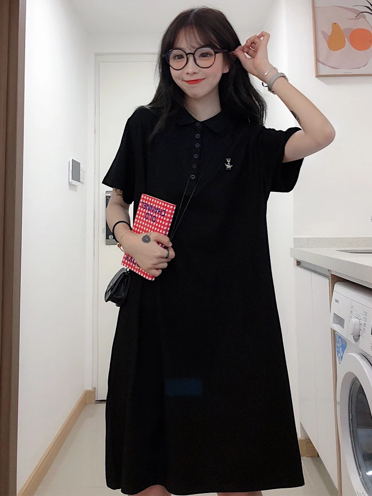 

2022 Summer Women Dress Casual Korean Fashion Turn-up Collar Slim Short Sleeve Dresses Cute Bear Embroidery Female Dress