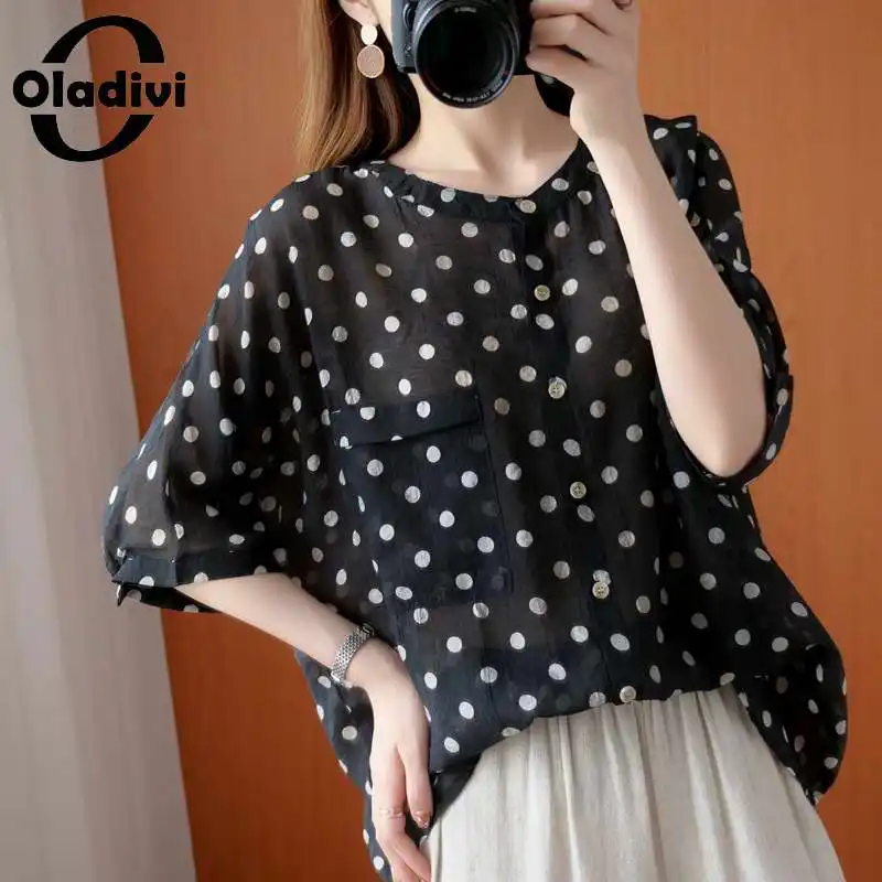 

Oladivi Oversized Clothing Fashion Polk Dot Print Blouses Women Summer New Casual Loose Tops Ladies Cool Thin Shirts Blusas 6XL