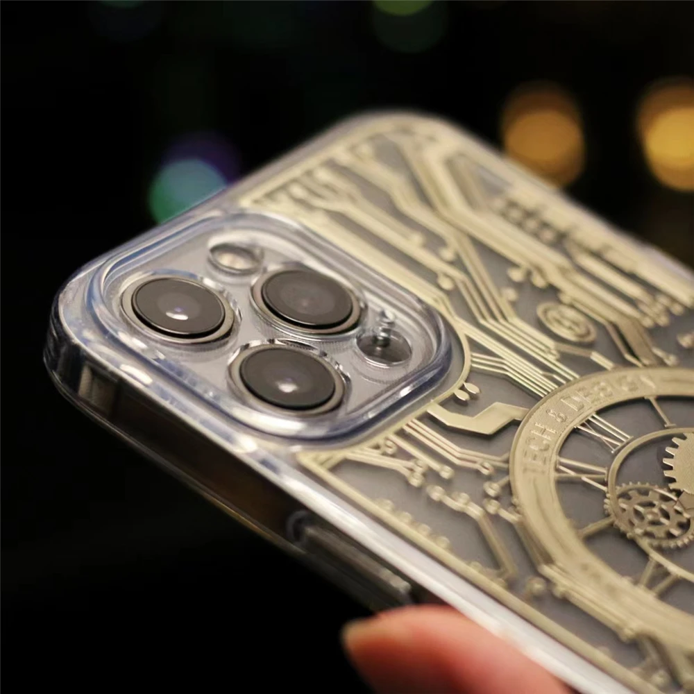 Luxury Plating Gold Clear Magnetic For Magsafe Wireless Charger Case For iPhone 14 13 12 Pro Max Gilt Mechanical Watch Cover
