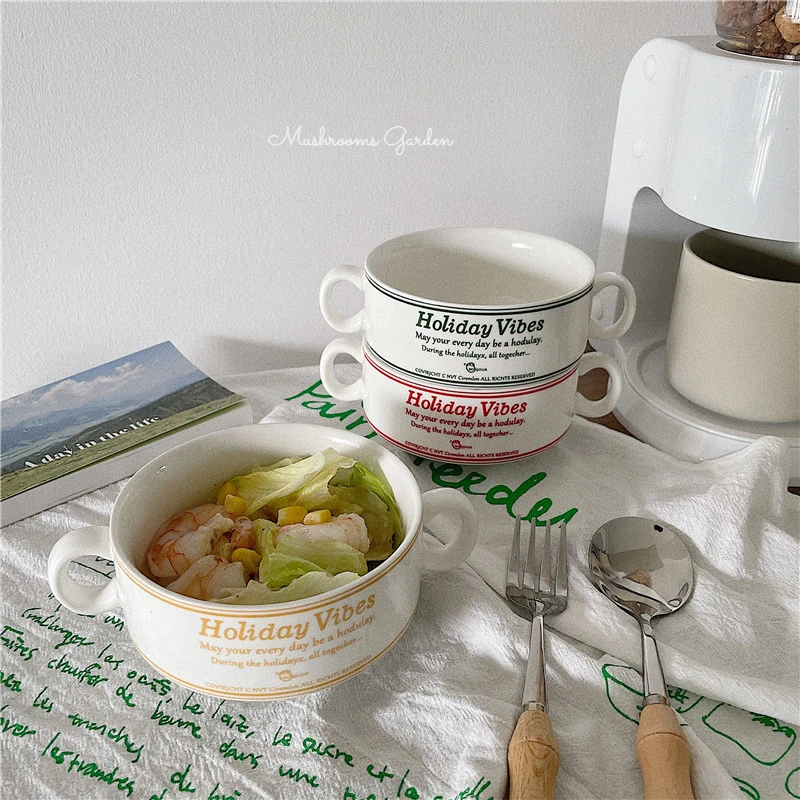 Mushrooms Garden Korean-style Simple Niche Alphabet Binaural Soup Bowl Soup Cup Cereal Cup Dessert Cup Breakfast Bowl