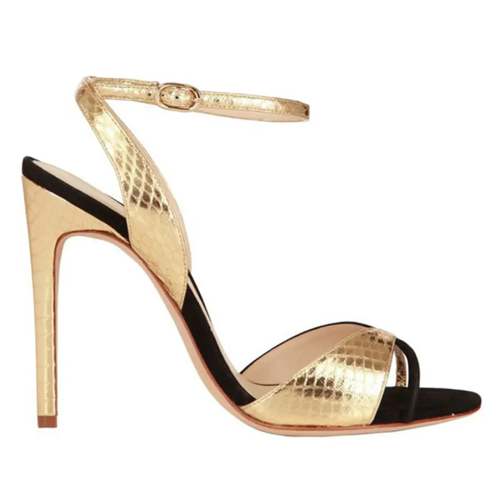 

Gnazhee New Elegant Black Mixed Gold Women's Party Shoes Open Toe Thin High Heels Sexy Ankle Strap Sandals Plus Size 43