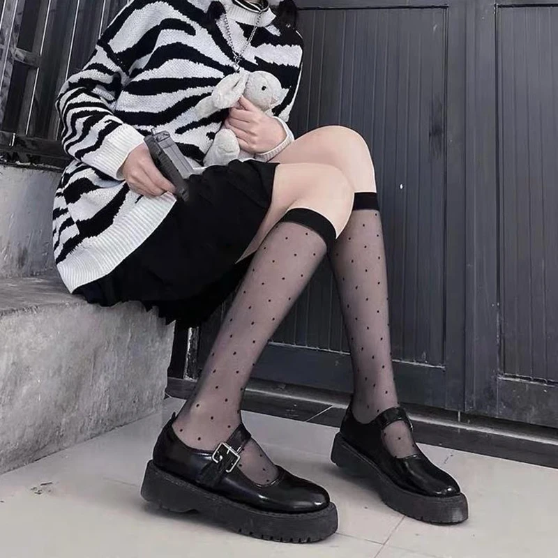 2 Pairs New Women Thin Long Socks Sexy Spring Summer Tights Korean Students High Stockings Black White Panty JK Breathe Dot Sock