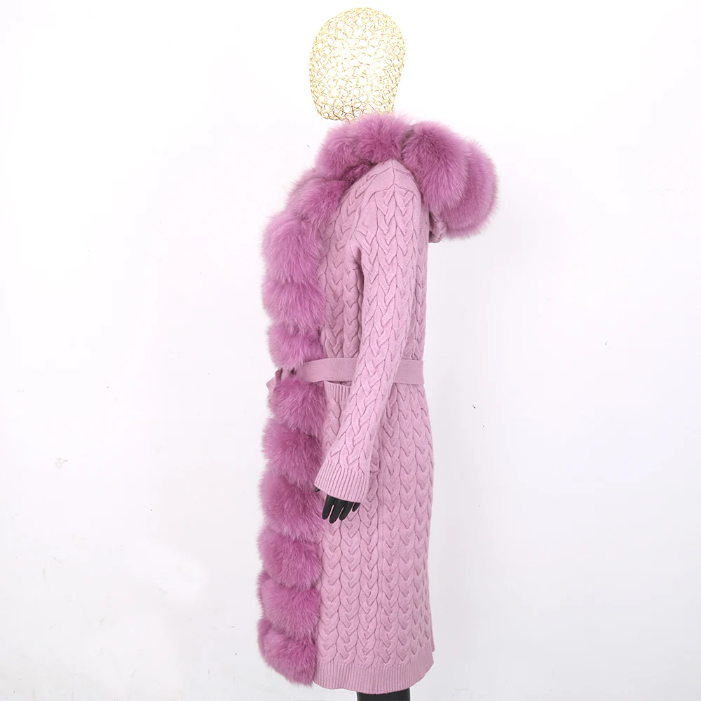 Autumn Winter Casual Long Jacket Wool Knitted Sweater Natural Fox Fur Trim Hood Cardigan Real Fox Fur Coat Fashion Streetwear