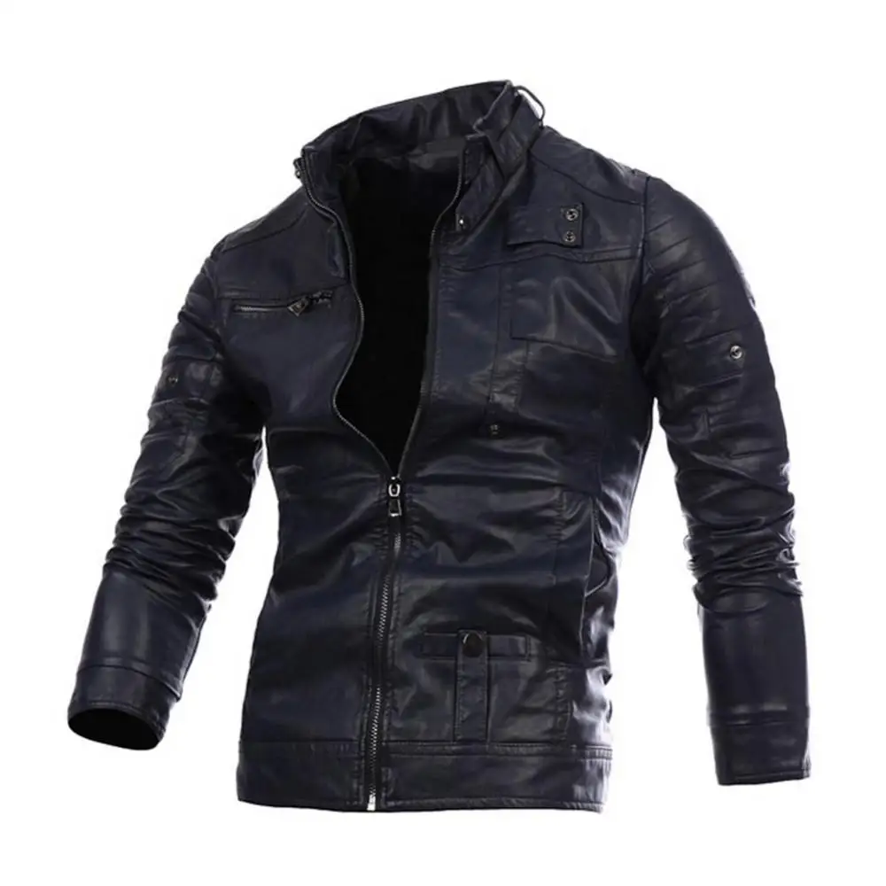 

Fashion Men Autumn Winter Faux Leather Stand Collar Zipper Pockets Slim Jacket куртка зимняя мужская chaquetas hombre