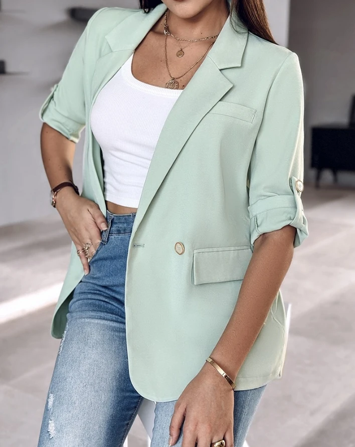 Женский блейзер на пуговицах повседневный элегантный жакет с закатанными