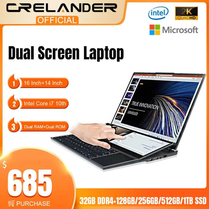 CRELANDER New Arrivals Dual Screen Laptop Core i7 10th Generation Touch Screen Gaming Laptop PC Portable Notebook Computer