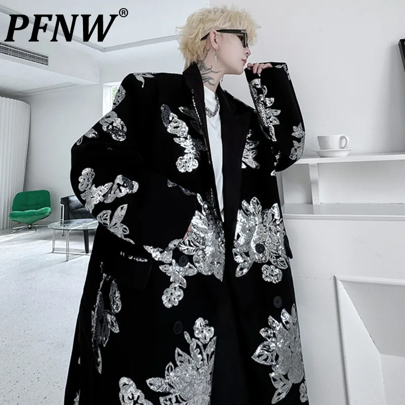 PFNW Нишевый дизайн Мужское шерстяное пальто с блестками и вышивкой бисером