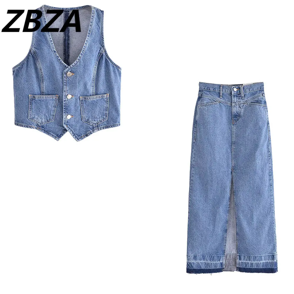 

ZBZA женский 2023 Новый Модный летний синий джинсовый жилет с карманами винтажный V-образный вырез на пуговицах короткий женский жилет шикарные топы