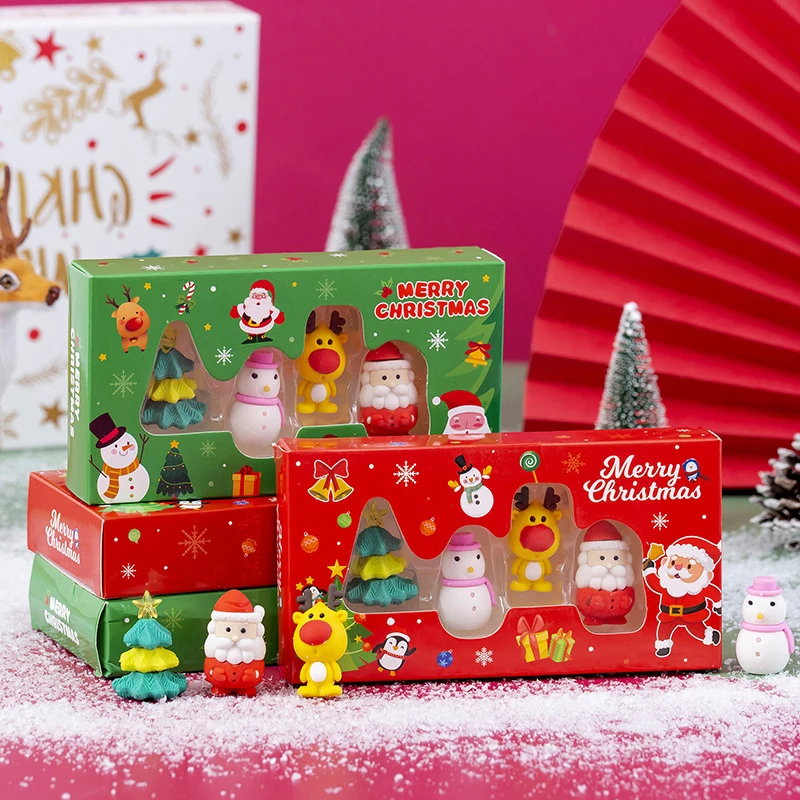 

4 Pcs Erasers Children Box Set Painting Merry Christmas Santa Claus Pencil Eraser School Student Office Stationery Writting Gift