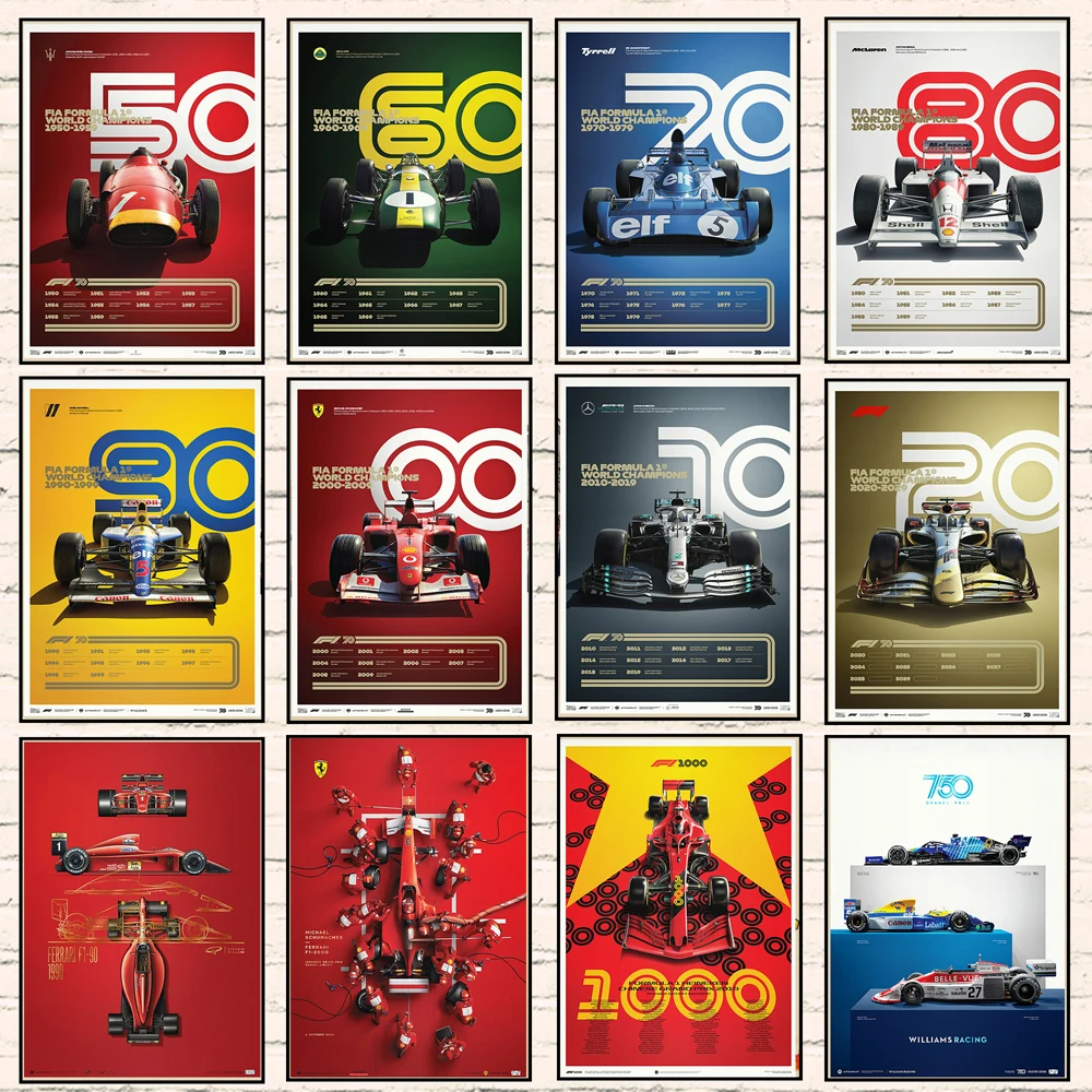 

Плакат Формула 1 Decades-1950-2000s гоночный автомобиль спортивный автомобиль 80s картина настенное искусство домашний бар кавайный Декор помещения ...