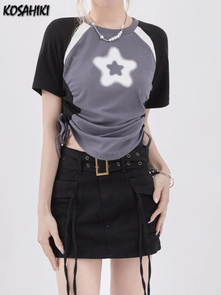 

Star Print Pleated Bandage Crop Top Y2k Aesthetic Harajuku Casual Women T-shirt Patchwork Contrast Color Streetwear Tshirts