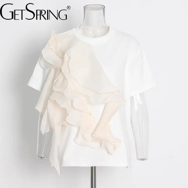 

GetSpring Women T Shirt Elegant Ruffle Stitched Patchwork Short Sleeves Tshirt Fashion O Neck Tee Shirt Female Summer Tops 2022