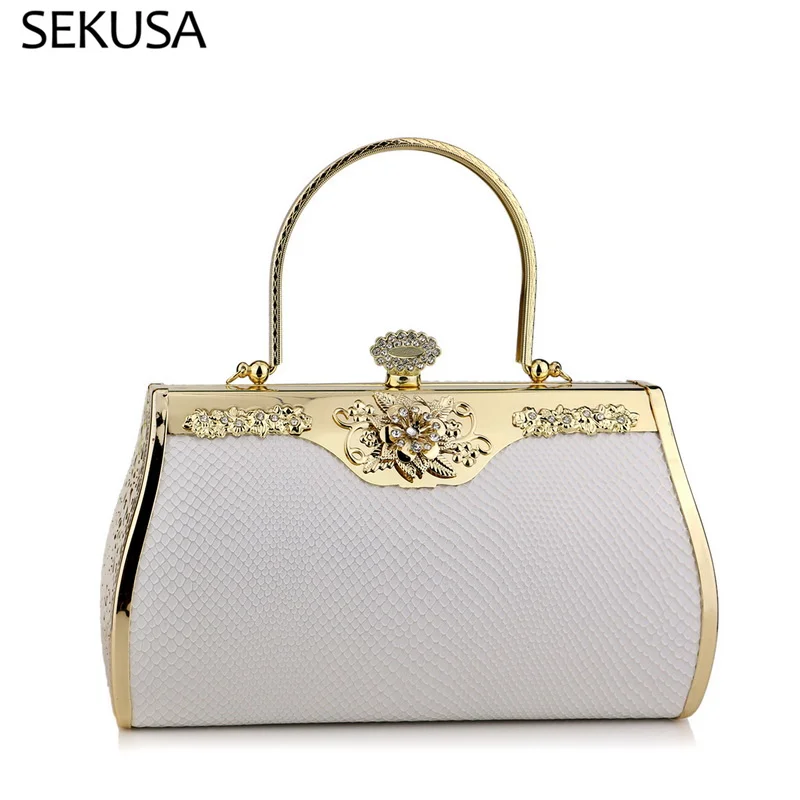 

Модные женские вечерние сумочки из белой искусственной кожи, Роскошный Металлический Повседневный клатч с цветком для свадьбы, держатель, кошелек