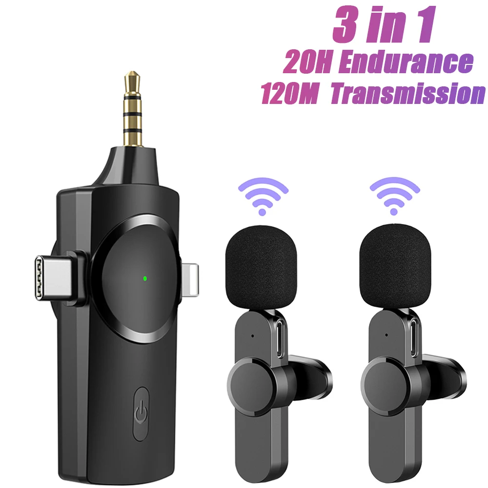 

3 in 1 Lavalier Wireless Microphone Smart Noise Cancelling 120m Wireless Transmission 20H Endurance Mic For iPhone Android Phone