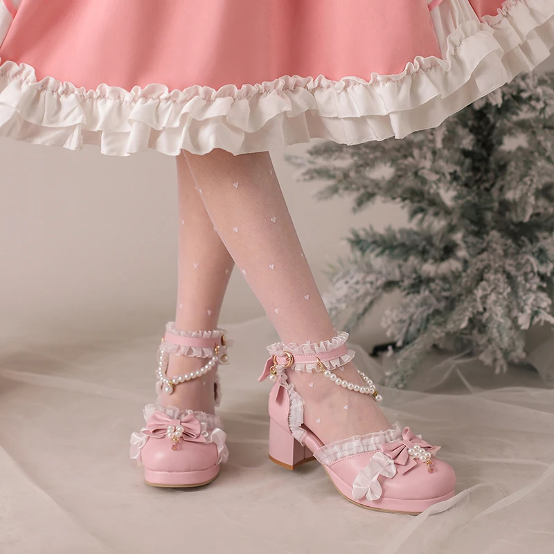 Adorable Side Open Lolita Women Sandals with Playful Sweet Delicate Bow Beaded Detail and Lace Trim Girls Platform Summer Shoes