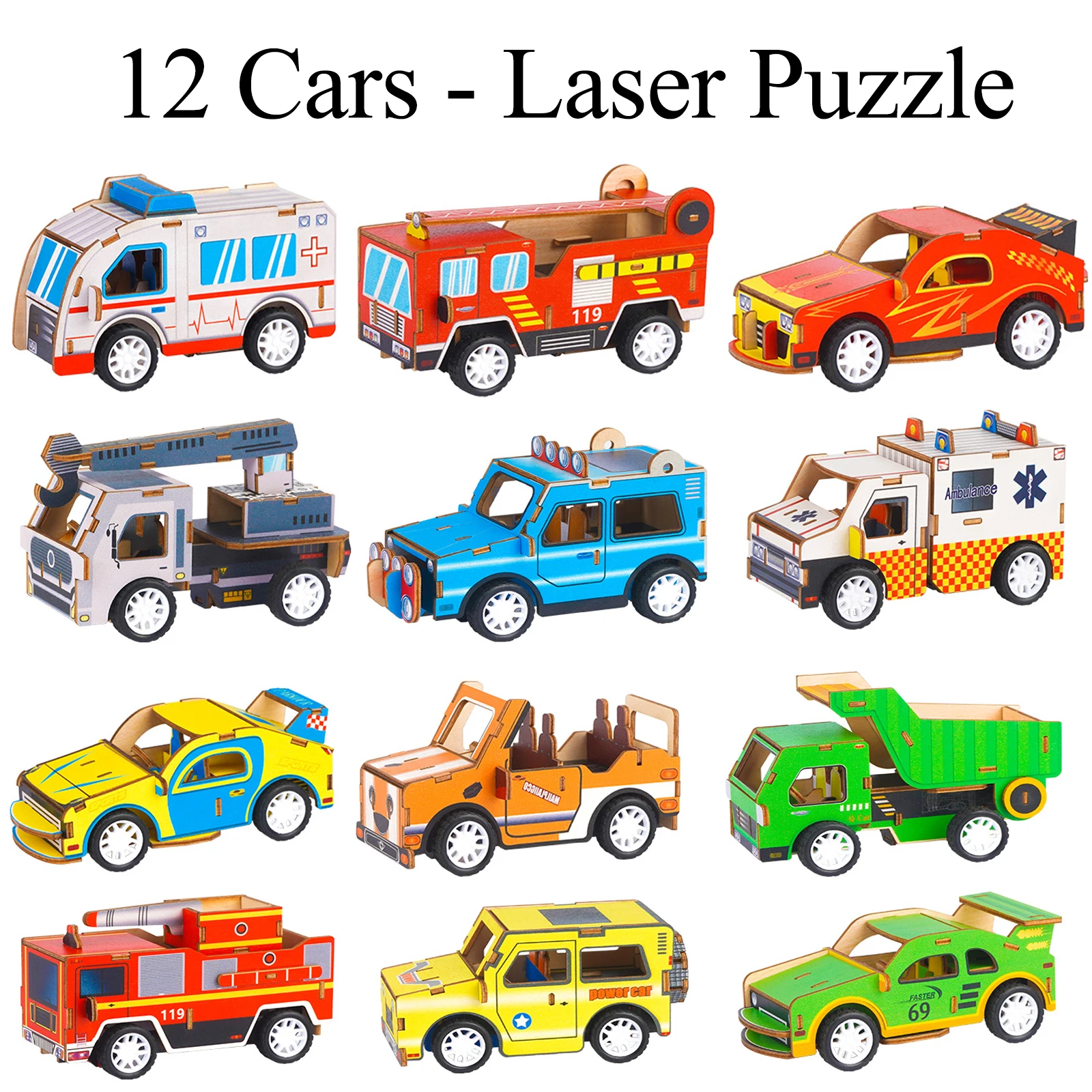 

Mini car puzzle wooden 3D model assembled pull back car development brain boy toy 6 years old
