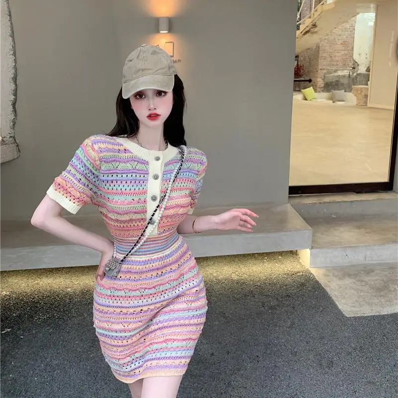 

Vintage Casual Fall Striped Open Knit Short Sleeve Sexy Bodysuit Your Robe Femme Vestidos Mujer Bodycon Dress