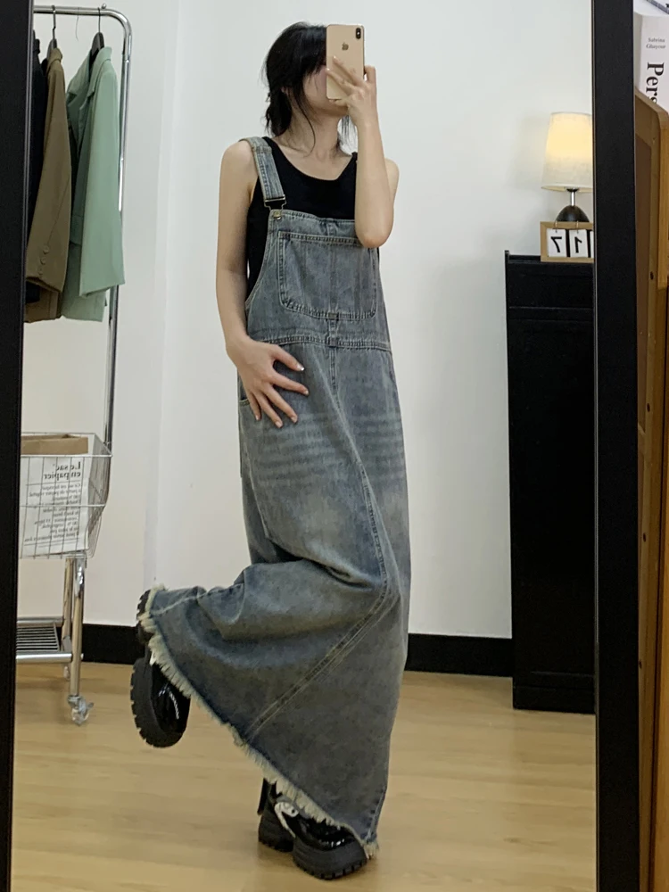 Женское винтажное джинсовое платье-комбинезон с разрезом Осеннее свободное