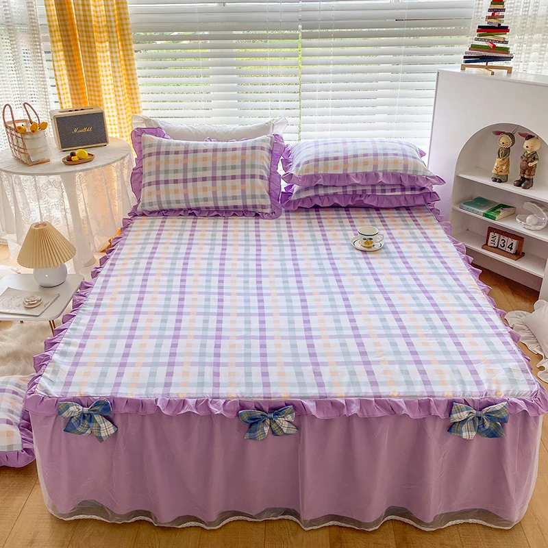 

3pcs Double Bed Skirts Bedspread Sheet Mattress Cover Bedrooms Queen King Size Bedsheets Bedclothes Bedding Set Purple Grid Lace