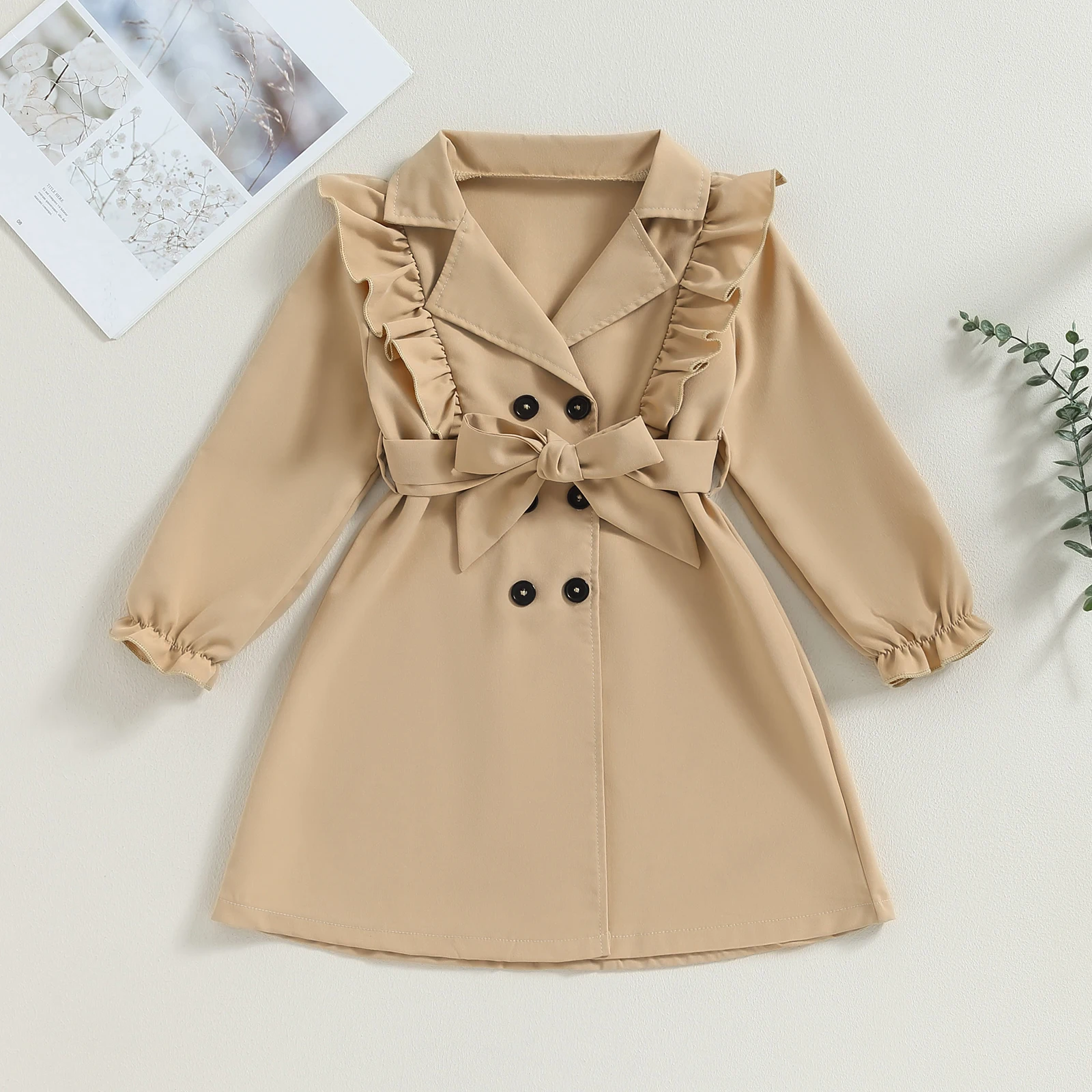 

BeQeuewll Kids Girl Fashion Trench Coat Ruffled Long Sleeve Lapel Double Breasted Khaki Classic Trench Coat With Belt