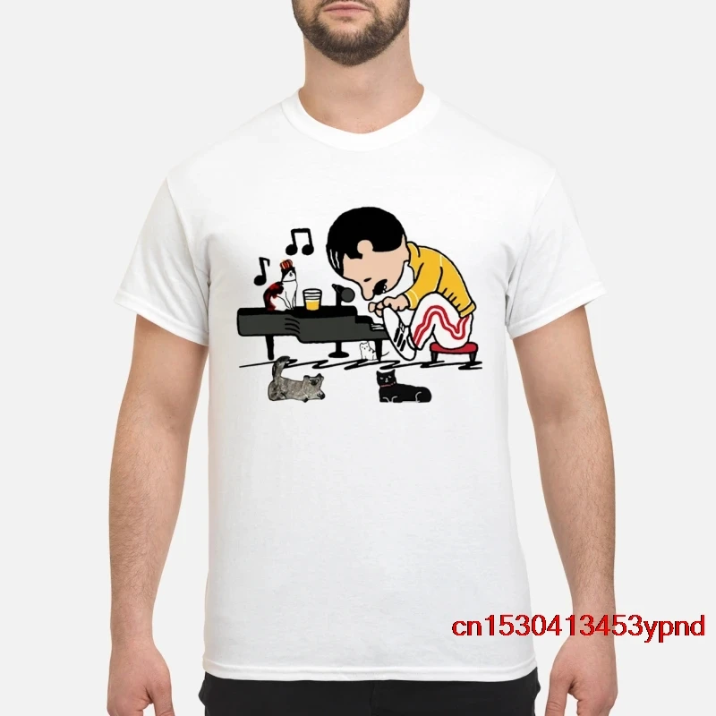 

Freddie Mercury And His Cats Playing Piano Schroed Parody White T-Shirt man's t-shirt queen tee