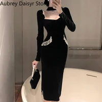 elegant black velvet long dress women korean vintage gothic evening party dress spring casual tassel design y2k dress 2022 new