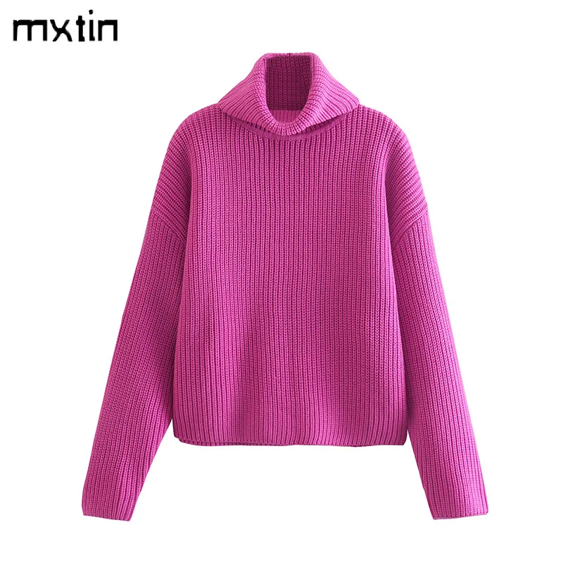 

2022 Women Spring Vintage Solid Pullover Knitted Sweater Fashion Turtleneck Long Sleeve Female Casual Chic Tops Mujer Vestidos