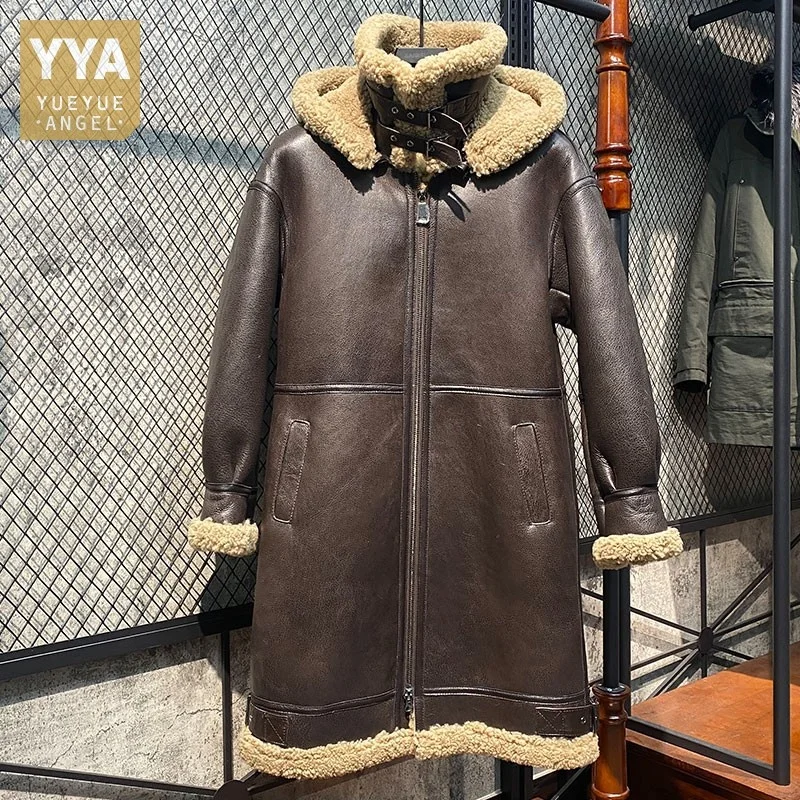 

Shearling Overcoat Men Hoodie Original Military Long Thick Genuine Leather Jacket Warm Sheep Wool Lining Real Fur Coat Plus Size