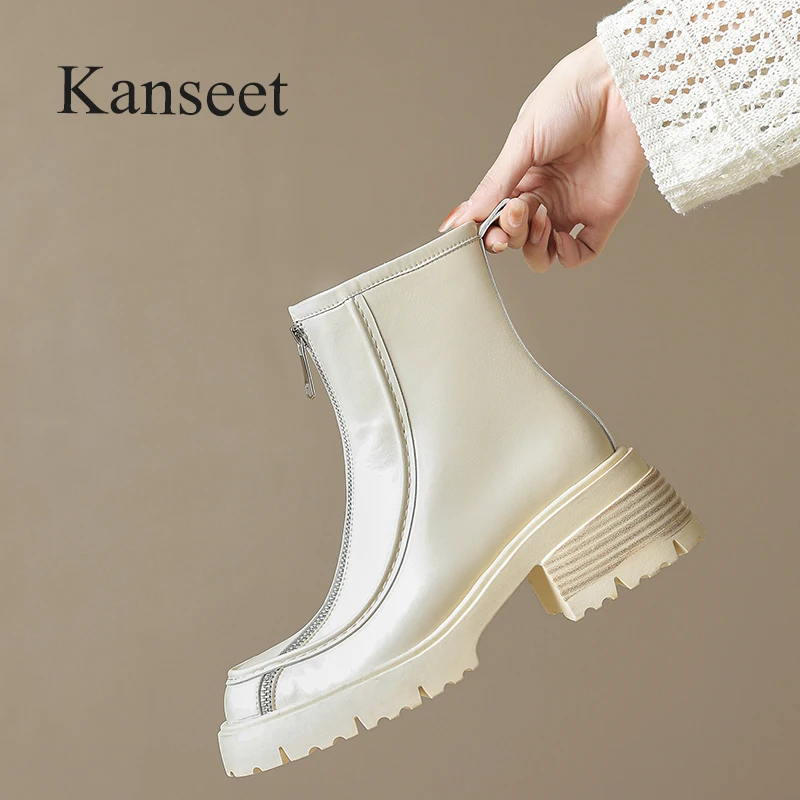 

Женские ботильоны с круглым носком Kanseet, модная дизайнерская женская обувь на молнии из натуральной кожи, на высоком каблуке, бежевые короткие ботинки, 41 сезон осень-зима
