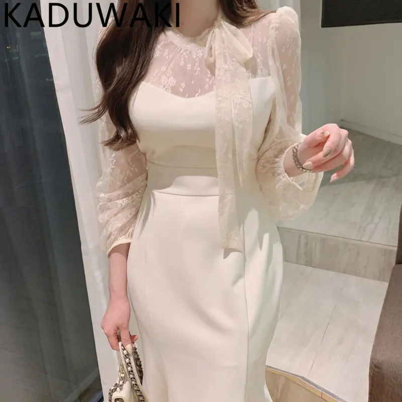 

Элегантное кружевное платье с круглым вырезом и цветочным крючком для женщин, длинное облегающее платье-годе с бантом на спине, винтажное женское облегающее платье