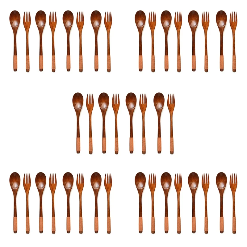

40 Pcs Wooden 9 Inch Japanese Spoon Fork Set Kitchen Tableware Natural Wood Cutlery Wooden Dinner Cutlery Set