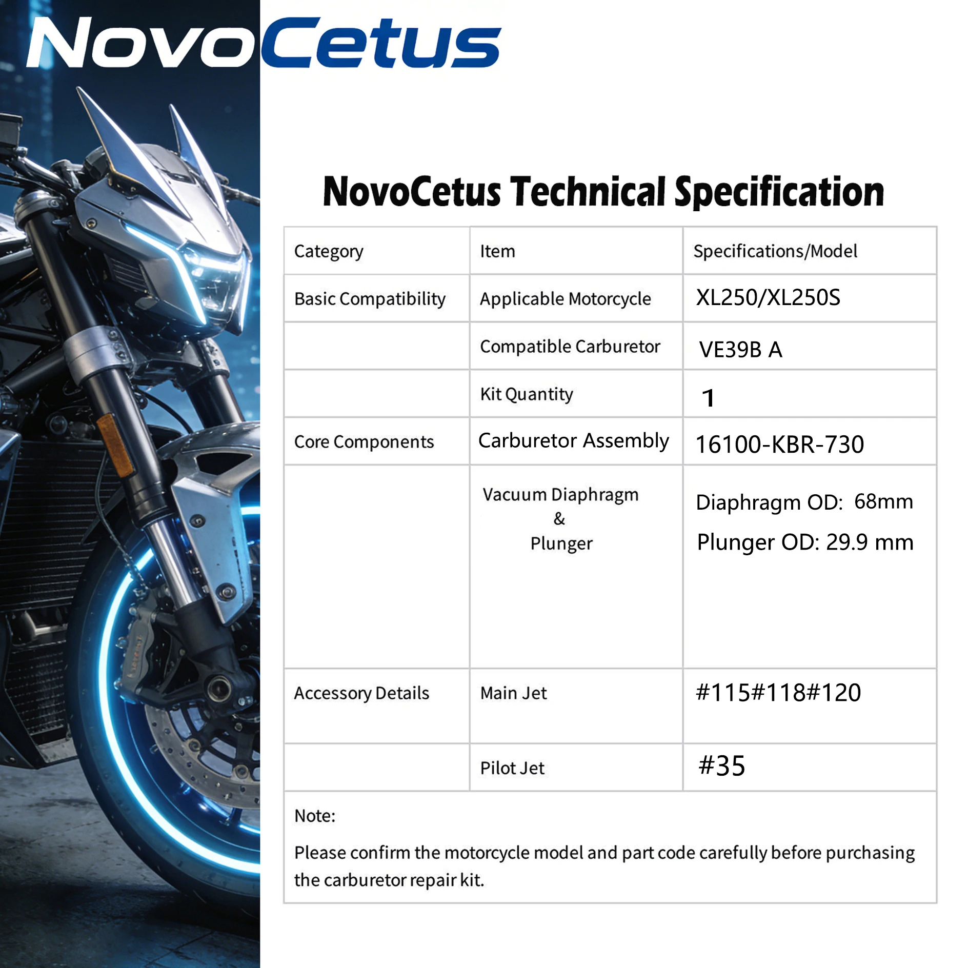 Фото [NovoCetus] 16100-KBR-730 Запчасти для карбюратора Honda XL250/XL250S VE39B A с плунжерным узлом №2
