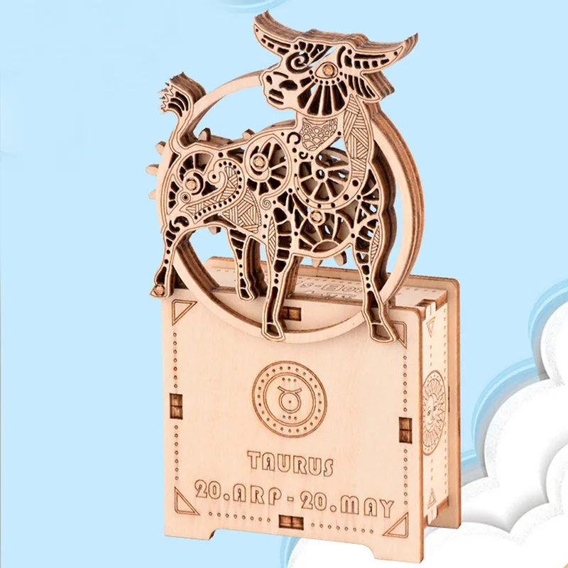 

Wooden Taurus Clockwork Music Box 3d Constellation DIY Educational Puzzle Music Boxes Musical Christmas Gift Home Decor