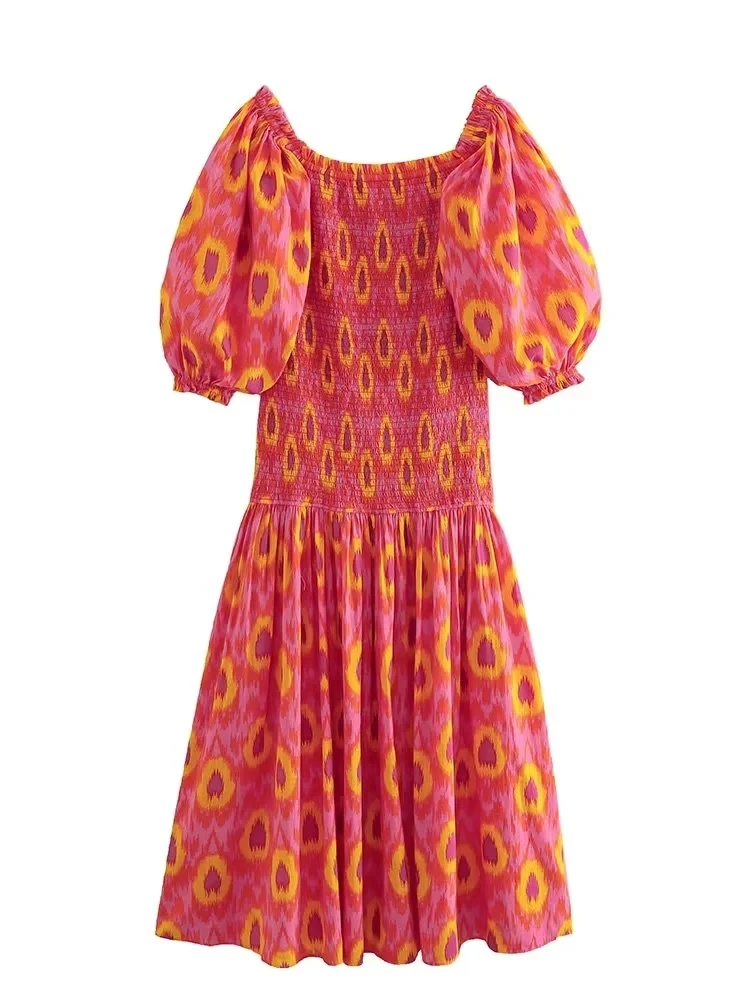 

Летняя Новинка 2023, женская одежда, французское нишевое темпераментное платье-миди с пушистыми рукавами и прямым воротником, эластичное дизайнерское платье с принтом