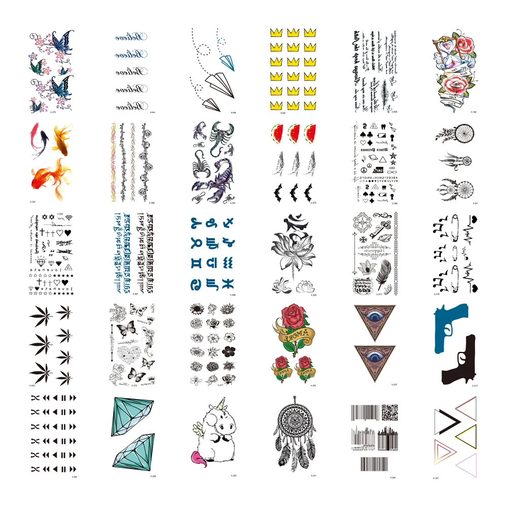 

30Pcs/Set,Waterproof Temporary Fake Tattoos Stickers,Water Transfer,Diamond,Feather,Eyes,Flower,Fish,Text for Men,Women Body Art