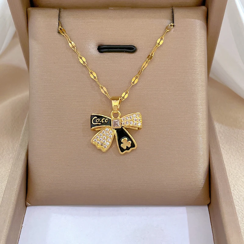 

316L Stainless Steel Diamond Bow Flowers Necklace 2023 New High-end Sense Party Women Accessories Non-fading High-quality Gifts