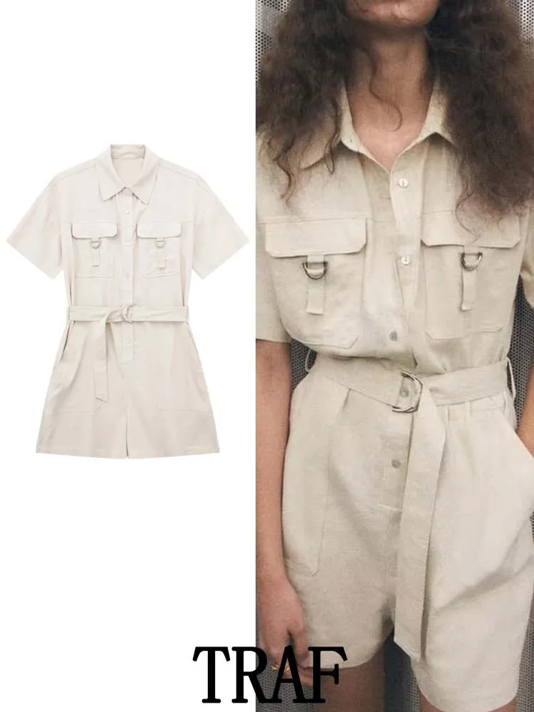 

TRAF 2023 Woman Cotton Linen Short Playsuits Fashion Short Sleeve Vintage Single Breasted With Belt Summer Causal Slim Jumpsuits