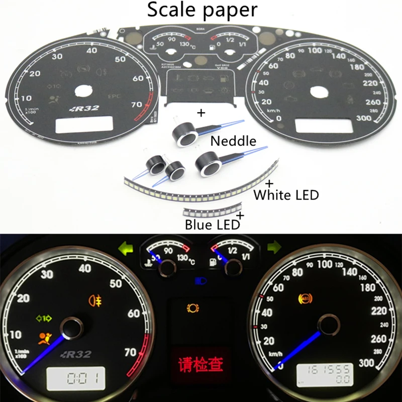 

Dashboard Instrument Blue Needle White Background Scale Paper LED Light Retrofitting For VW Bora MK4 Golf 4 R32 Meter 300