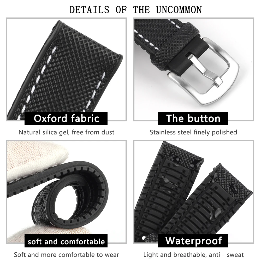 Soft Silicone Rubber and Oxford Fabric Watch Strap 20mm 22mm Men Women Waterproof Breathable Watchbands Watches Accessories