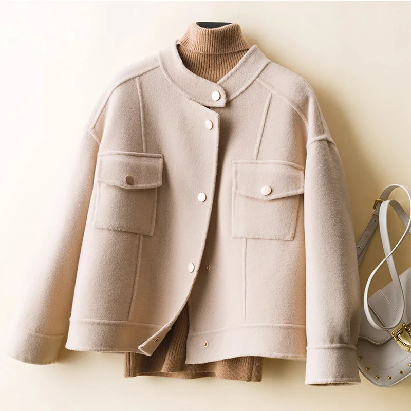 

Autumn Spring Loose Short Stand Collar Double Sided Jacket Women Outerwear 3 Color Big Pocket Long Sleeve Wool Coat Female