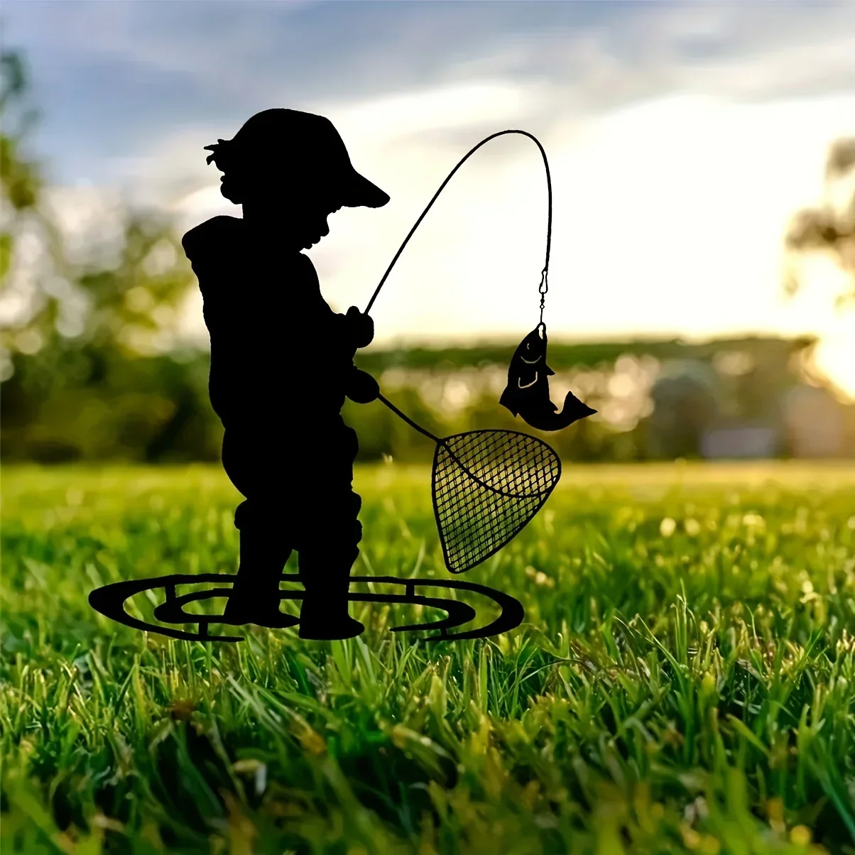 Силуэты для мальчиков рыбалка игра винтажный металлический садовый декор силуэт