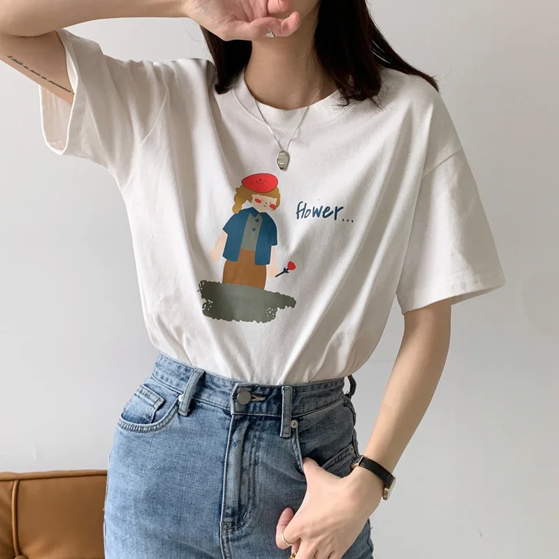 

Small Fresh Cotton Short Sleeve T-shirt Women's Loose 2022 Summer New Print Korean Versatile Top Women's Wear