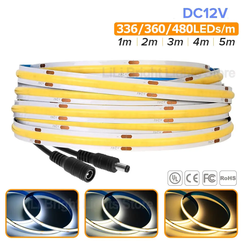 

FCOB LED Strip Light 336 360 480 LED High Density Flexible FOB COB Led Light RA90 Warm Nature Cool White Linear Dimmable DC 12V